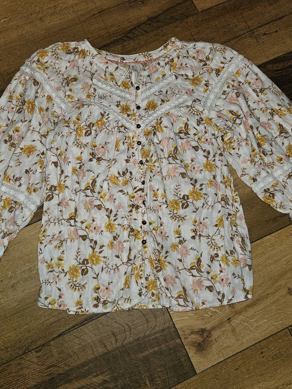 Anthropologie White Floral Button-Front Blouse with Pink & Yellow Flowers